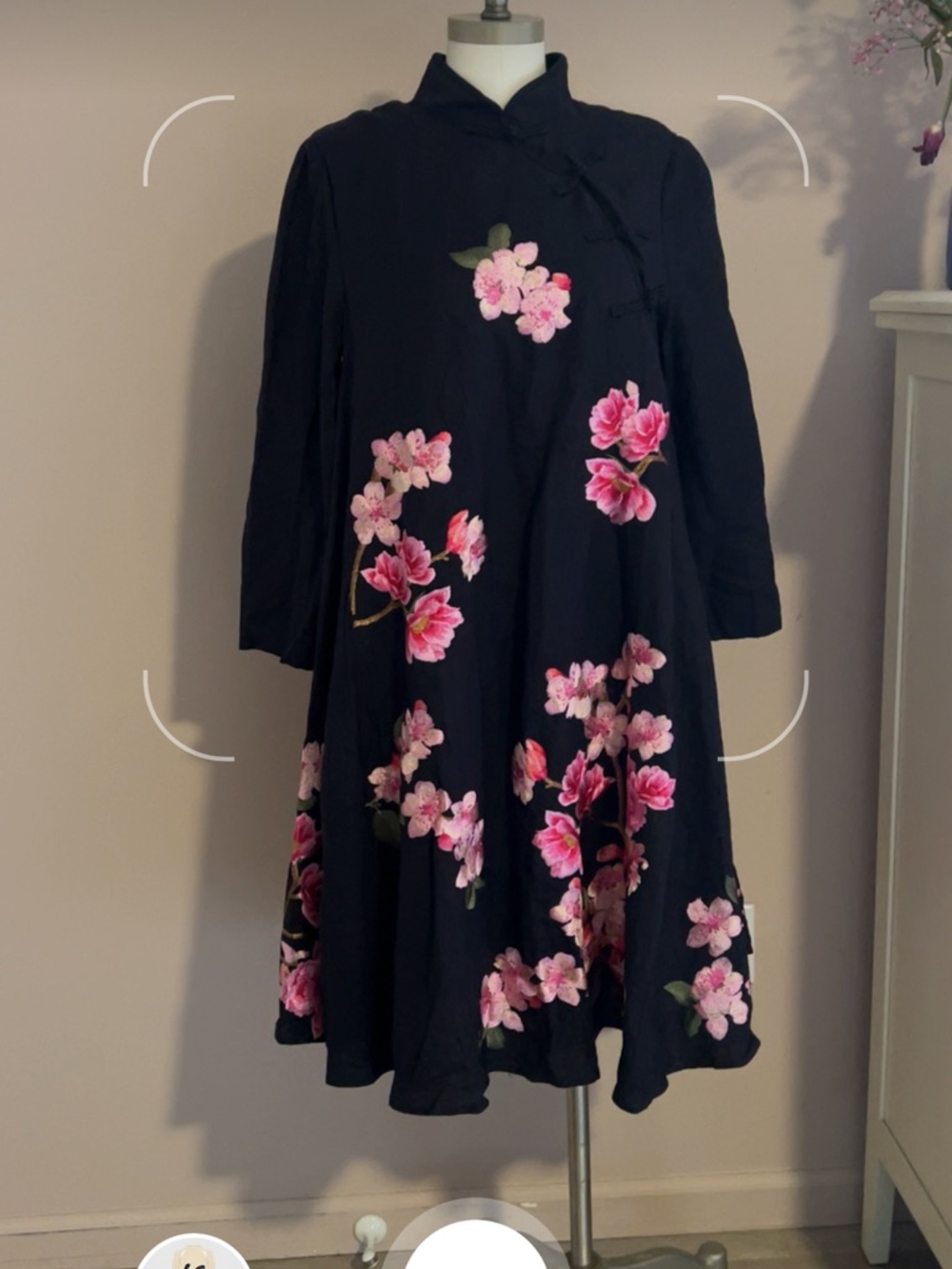 A-line dress with high Mandarin neckline and cherry blossom (sakura) embroidery